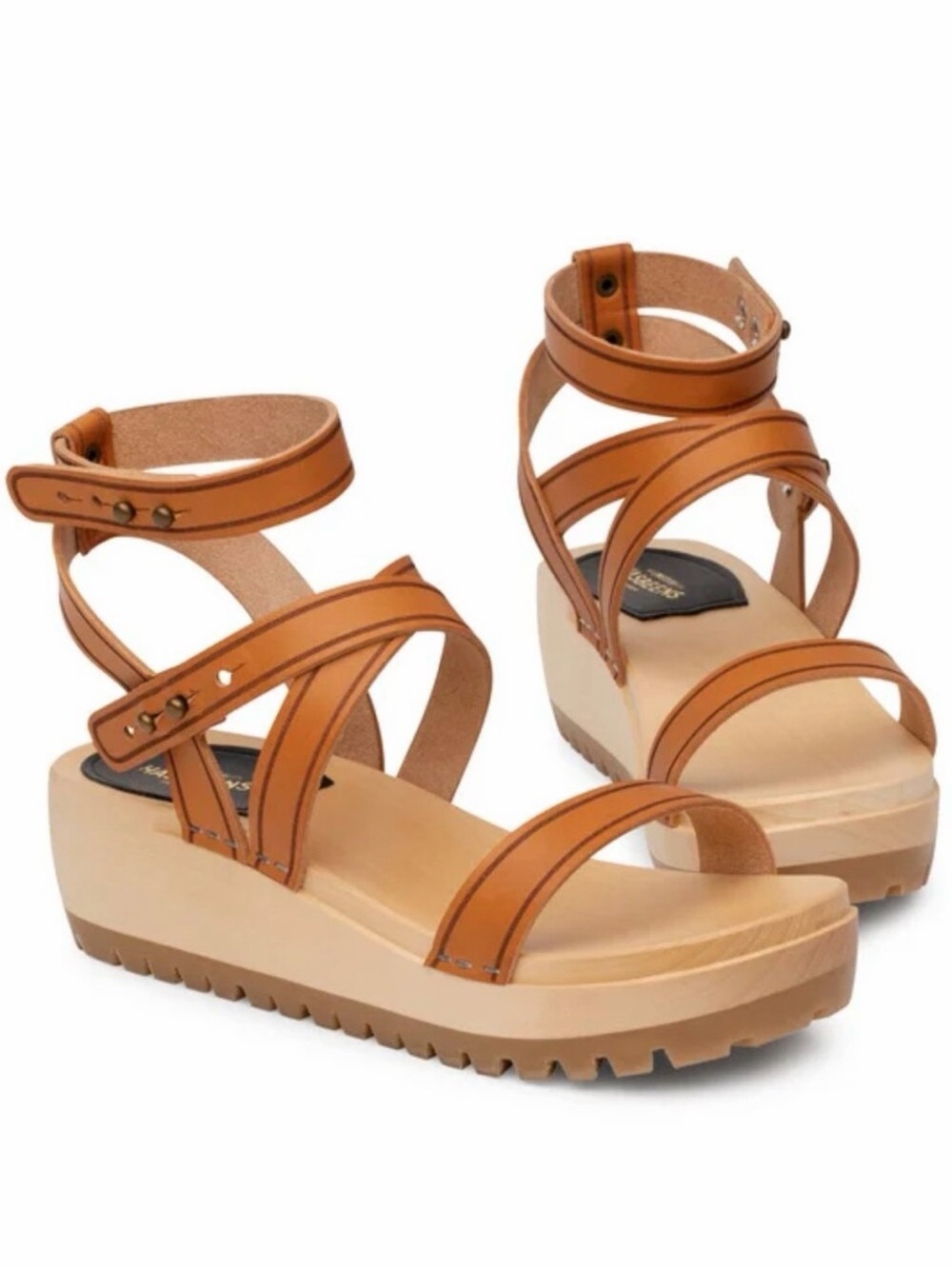 Swedish Hasbeens Jesus Tan Strappy Platform Sandals, Size 39